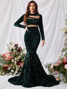 Green Long Sleeve Gown With Sequins, Glamorous Green Sequin Homecoming Dress, Glamorous Green Sequin Dress For Homecoming, Green Sequin Dress For Prom Night Out, Green Mermaid Dress For Prom Party Season, Green Long Sleeve Sequin Dress, Sequin Mermaid Dress For Homecoming Party, Long Sleeve Green Mermaid Dress For Prom, Elegant Long Sleeve Sequin Homecoming Dress