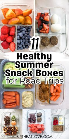 healthy summer snack boxes for road trips with text overlay that reads, 11 healthy summer snack boxes for road trips