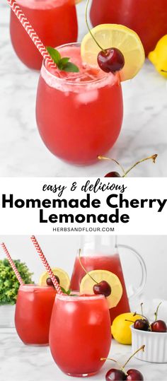 homemade cherry lemonade is garnished with fresh cherries and sliced lemons