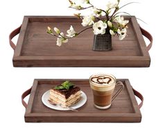 two serving trays with cake, coffee and flowers on them are ready to be served