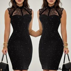 Olivia Mark - Stylish Black Sequin Sleeveless Lace Bodycon Dress with Hip-Length Silhouette for Cocktail Parties Black Sleeveless Stretch Bodycon Dress, Black Bodycon Sleeveless Knee-length Dress, Sleeveless Black Bodycon Party Dress, Black Stretch Sleeveless Party Dress, Black Sleeveless Bodycon Dress For Party, Black Sheath Sleeveless Dress For Night Out, Black Fitted Sheath Sleeveless Dress, Fitted Black Sleeveless Evening Dress, Fitted Sleeveless Black Sheath Dress