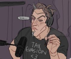 a man with headphones on sitting in front of a microphone and wearing a tax evasion t - shirt