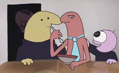 an animated image of two people sitting at a table, one holding a spoon and the other eating something