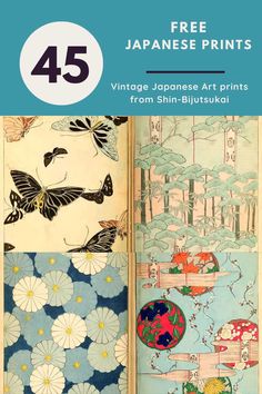 an open book with japanese art on it and the title,'45 free prints vintage japanese art prints from shin - biyotsukai