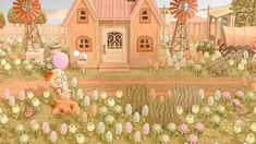 a painting of a house in the middle of a field with flowers and animals around it