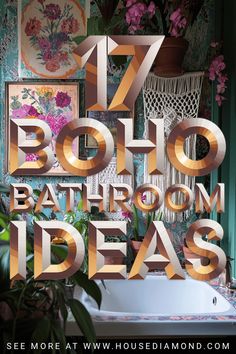 boho bathroom ideas Boho Bathroom Ideas, Colourful Tile, Boho Bathroom, Rug Texture, Green Wall, Boho Vibe, Natural Texture, Indoor Plants, Floral Pattern