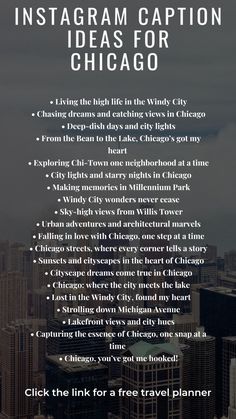 an advertisement with the words instagram caption ideas for chicago in black and white