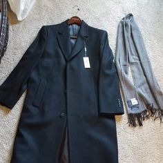 Brand New, With Tags Coat Size 40r Originally $300 Scarf Originally $42 Black Long Coat For Semi-formal Occasions, Masculine Winter Business Outerwear, Masculine Formal Winter Outerwear, Gray Semi-formal Winter Outerwear, Semi-formal Gray Outerwear For Fall, Semi-formal Gray Fall Outerwear, Classic Charcoal Outerwear For Fall, Black Wool Long Sport Coat, Classic Fitted Charcoal Outerwear