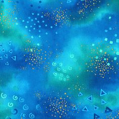 a blue and green painting with gold dots