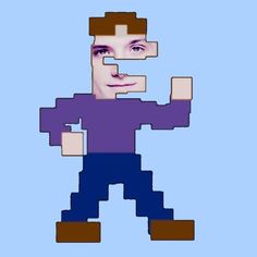 a pixellated image of a man in purple shirt and blue pants with his arms up