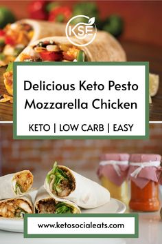 Delicious Keto Pesto Mozzarella Chicken wraps with fresh vegetables displayed stylishly.