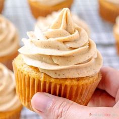 a hand holding a cupcake with frosting on top