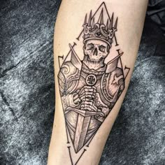 Viking King Tattoo, Egyptian Animal Tattoo, Skeleton King Tattoo, Medieval Sleeve Tattoo, Onward Tattoo, King Tattoo Men, King Skull Tattoo, Mid Evil Tattoos, Knight Tattoo Medieval