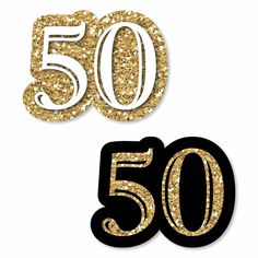 50th birthday decorations with the number 50 in gold and black glitter on white background,