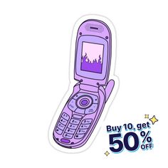 a purple cell phone sticker sitting on top of a white background with the text buy 10 get 50 % off