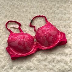 Nwt. Hot Pink Lace Demi Bra. Semi Convertible Straps (The Back Straps Unsnap). No Trades Hot Pink Bra, White Bustier, Pink Lace Bra, Strappy Bra, Nude Bra, Victoria Secret Lingerie, Demi Bra, Victoria Secret Bras, Bras And Panties