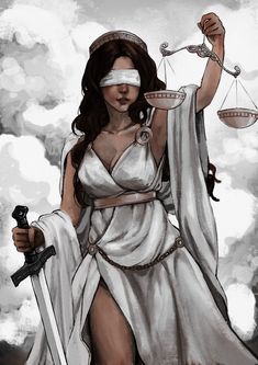 a drawing of a lady justice holding two swords and a scale in one hand with the scales on her head