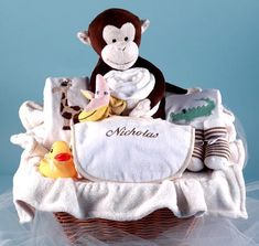 Personalized Monkey Buddies Basket - Simply Unique Baby Gifts Plush Monkey, Baby Shower Host, Personalized Gift Baskets, Baby Shower Baskets, Plush Baby Blankets, Baby Shower Gift Basket, Shower Basket, Baby Gift Basket, Unique Baby Gifts