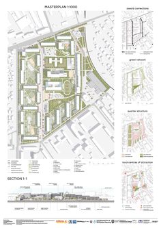 the plans for an urban park with lots of green space and buildings on each side