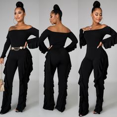 This Jumpsuit Has Lots Of Stretch, Fits Comfortably And Is Great For All Occasions. Chic Evening Sets With Ruffles, Fitted Ruffle Sets For Night Out, Fitted Ruffled Sets For Night Out, Fitted Ruffles Set For Night Out, Fitted Black Sets With Ruffles, Black Fitted Ruffle Sets, Fitted Black Ruffled Sets, Black Fitted Ruffled Sets, Fall Party Sets With Ruffles