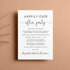 the happily ever after party card is shown on top of a table with flowers and greenery