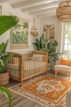 a baby's room with plants and rugs on the floor, including a crib