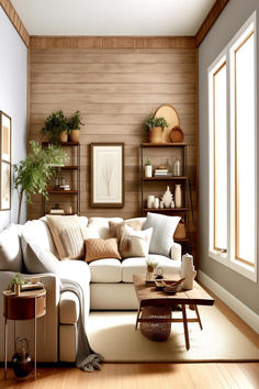 Cozy living room with a rustic wooden plank accent wall. Natural Woodwork With Painted Walls, Wood Plank Accent Wall Living Room, Accent Wall Cabin, Wood Plank Wall Living Room, Wood Accent Wall Kitchen, Plank Wall Living Room, Nature Accent Wall, Wood Feature Wall Living Room