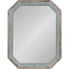 an octagonal mirror with blue trimmings on the edges and a wooden frame around it