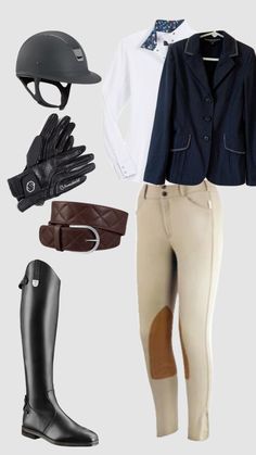 horse riding clothing and accessories including boots, gloves, hat, boot covers and jacket