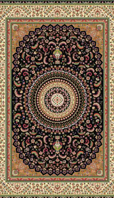 an intricately designed area rug in black, gold and red colors with a circular design on