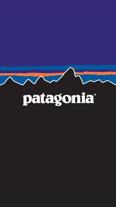 the logo for patagonia, with mountains and blue sky in the back ground