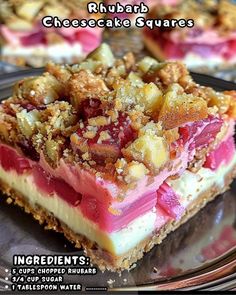 there is a piece of dessert on the plate with words above it that read, rhubarb cheesecake squares