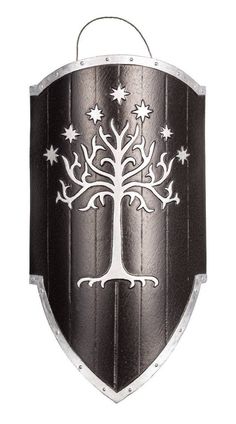 a metal shield with a tree on the front and stars in the middle, hanging from it