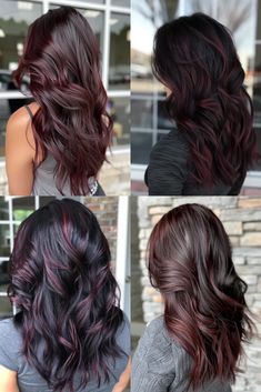 Dark Hair Plum Highlights, Plum Red Highlights On Dark Hair, Dark Hair Color Ideas With Red, Best Dark Hair Color For Fair Skin, Balayage Red Hair Dark, Colour Ombre Hair, Cherry Chocolate Balayage Hair, Plum Hair With Highlights, Cherry Ombre Hair