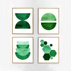 three green watercolor paintings on the wall