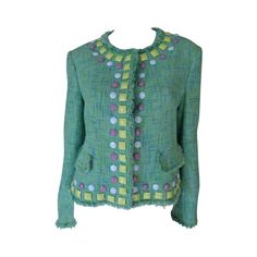 Moschino jacket from the collection Cheap & Chic with purple, lime green and blue stones embroidered. color jacket green/blue and the lining is lime green with press buttons closures Material : cotton Size: US 12, GB 14, F 42, D 42, I 46 Please note that vintage items are not new and therefore might have minor imperfections. American Advertising, Moschino Fashion, Moschino Jacket, Vintage Moschino, Verde Lima, Elsa Schiaparelli, Embellished Jacket, Blue Stones, Jeremy Scott