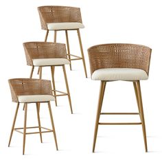 four wicker barstools with white cushions and wooden legs, all in different sizes