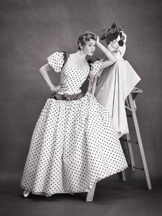 size: 12x9in Photographic Print: 1950s ATTRACTIVE GLAMOROUS WOMAN MODEL IN STYLISH POLKA DOT GOWN FORMAL DRESS POSING LOOKING AT... by Panoramic Images : Polka Dot Gown, Dress Posing, Dots Fashion, Polka Dots Fashion, 50s Fashion, 1950s Fashion, Vintage Images, Formal Dress, Photographic Print