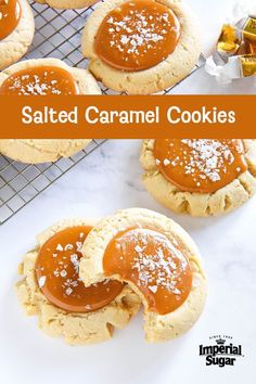 salted caramel cookies on a cooling rack with the words salted caramel cookies