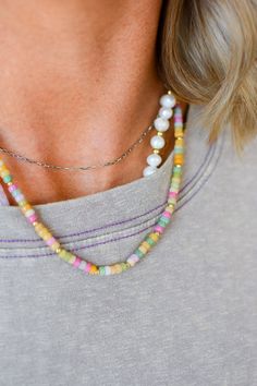 Add a pop of color to your outfit with our Rainbow Necklace Luxe- Easy Does It! This on trend necklace stack features vibrant gemstones, making it a best seller with five stars. Stand out and be the envy of others with this playful and stylish piece. Product Details: 16" lobster claw 2" extender charm not included Trendy Multicolor Jewelry, Trendy Summer Layering Necklaces, Trendy Rainbow Necklace With Colorful Beads, Trendy Multicolor Round Beads Charm Necklaces, Trendy Multicolor Charm Necklaces With Round Beads, Trendy Multicolor Charm Necklace With Lobster Clasp, Trendy Multicolor Jewelry For Everyday, Playful Multicolor Everyday Necklaces, Trendy Summer Jewelry For Layering