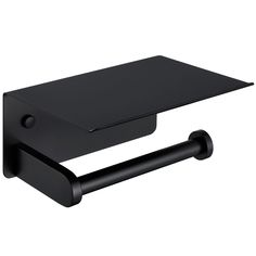 a black shelf with a towel rack and toilet paper holder on it's side