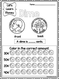 a worksheet with the words dime and numbers