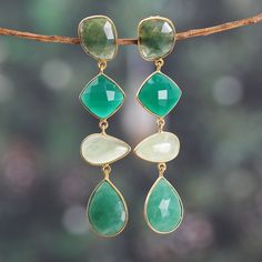 The vigorous colors of an ethereal forest reunite in this breathtaking creation by designer Neetu Barathi of India. Crafted from 18k gold-plated sterling silver, these dangle earrings boast a harmonious look complemented by agate, prehnite, quartz and aventurine jewels, whose combination of cuts allows a fascinating design. The gems total over sixty carats and each is complemented by a high polish finish. Ethereal Forest, Aventurine Jewelry, Silver Rings Simple, Traditional Earrings, Labradorite Earrings, Agate Earrings, Sterling Silver Rings Bands, Green Jewelry, Agate Jewelry