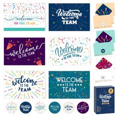 various greeting cards and envelopes with the words welcome to the team