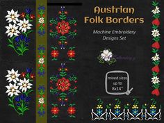 an australian folk borders machine embroidery design set with flowers and hearts on black paper background