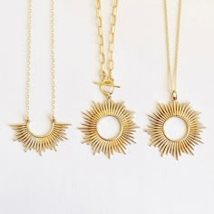 "Celebrate the radiance of the sun when you wear a necklace from our sunburst spike collection. Choose from three different styles, full circle sun, half circle sun and our full circle statement necklace with toggle clasp. Available in 14kt gold filled/bronze and sterling silver. This full circle of sun rays emanates power and sheer joy. DETAILS & SIZE * The listing is for one pair of threader earrings * Available in 16\", 18\" & 20\". Available in 14kt gold filled/bronze and sterling si Sunburst Necklace, Gold Sunburst, Collar Chain, Gold Sun, Chain Fashion, Half Circle, Gold Necklace Layered, Layering Necklace, Girlfriend Gift