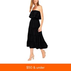 in stock Elegant Strapless Ruffle Dress For Day Out, Elegant Strapless Dress With Ruffles For Day Out, Bandeau Dress With Ruffles For Brunch, Chic Strapless Bandeau Dress With Ruffles, Strapless Midi Dress With Ruffles For Date Night, Chic Bandeau Dress With Ruffle Hem, Tiered Midi Dress For Night Out, Chic Strapless Beach Dress With Ruffles, Chic Strapless Dress With Ruffle Hem For Summer