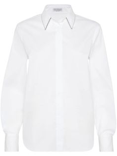 white cotton blend stretch-design poplin texture silver-tone trim signature Monili chain detail classic collar concealed front button fastening long sleeves buttoned cuffs curved hem Elegant Cotton Top With Fold Down Collar, Elegant Collared Poplin Top, Elegant Poplin Tops With Spread Collar, Elegant Poplin Top With Spread Collar, Elegant Poplin Tops For Office, Elegant Poplin Tops For The Office, Elegant Long Sleeve Poplin Top, Modern Cotton Blouse With Fold-down Collar, White Shirt Fabric