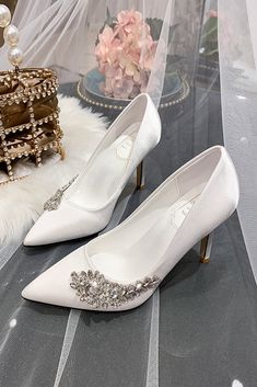 Stiletto Heel 9cm Satin Heels Bridal Shoes CK0129 Bridesmaids Shoes, Satin Wedding Shoes, Rhinestone Wedding Shoes, Glass Shoes, Wedding Pumps, New Bride, Wedding Shoes Bride, Basic Heels, White Wedding Shoes