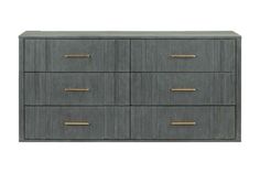 a grey dresser with gold handles and drawers on it's sides, against a white background